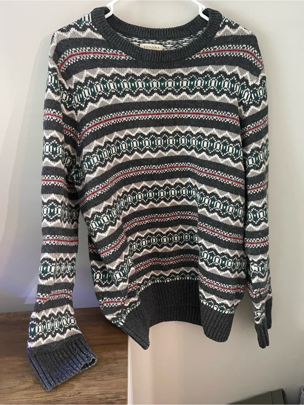 Sonoma Charcoal Fair Isle Crewneck Sweater with Green & Burgundy Accents
